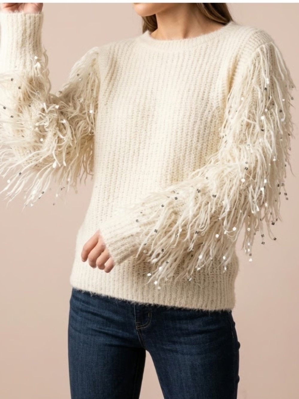 Molly Bracken Cream Fringe Sequin Sleeve Crewneck Sweater
